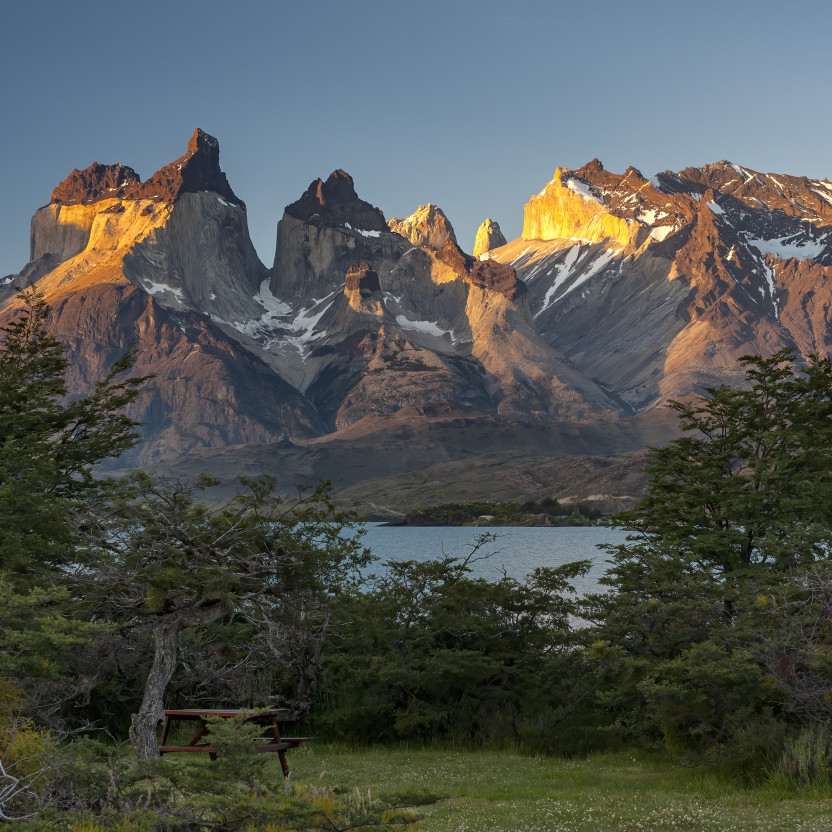 The image shows the spiky mountain peaks of Cuernos del Paine at Torres del Paine National Park, Chile.