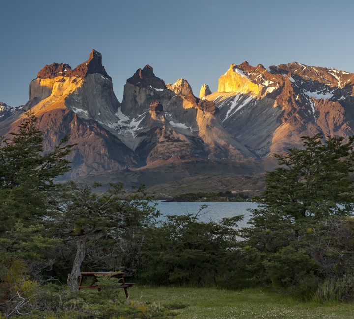 The image shows the spiky mountain peaks of Cuernos del Paine at Torres del Paine National Park, Chile.