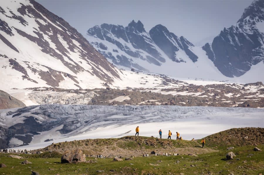 Guests pictured hiking at St. Andrew's Bay, South Georgia