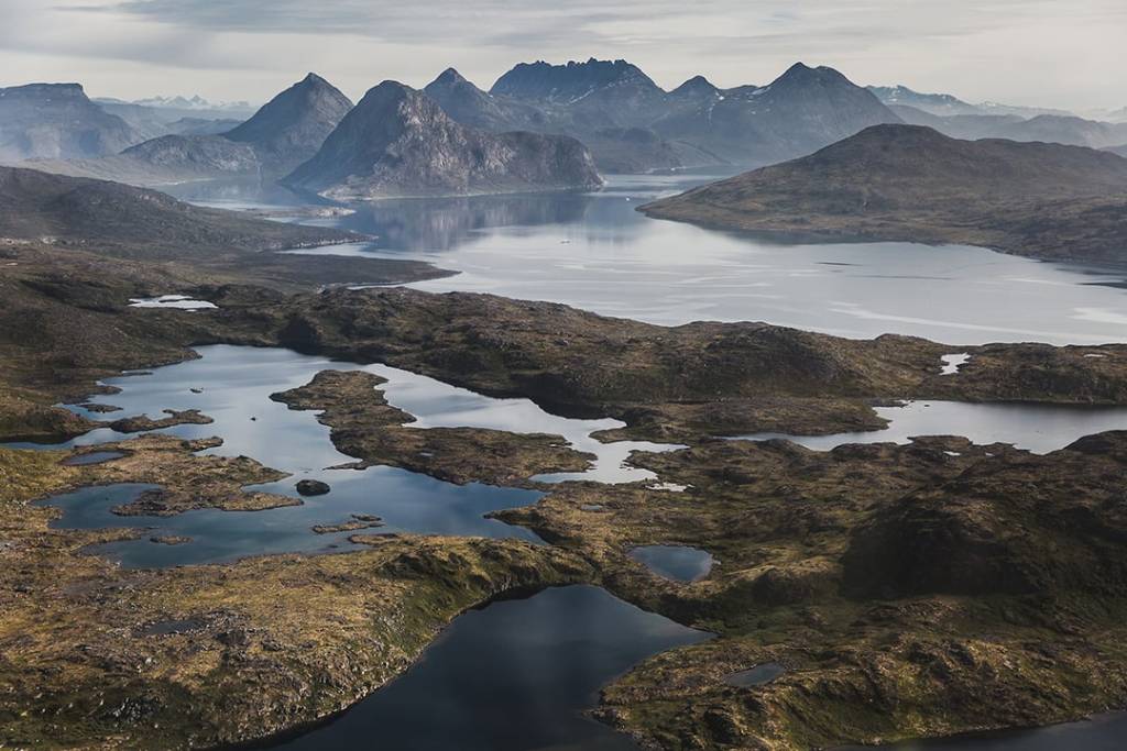Aerial views of South Greenland from a helicopter.