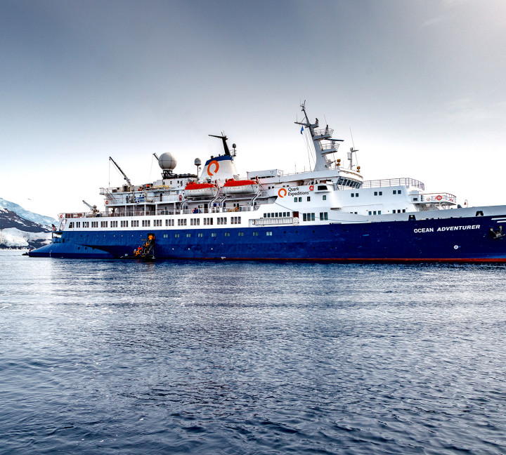 Guests board their zodiac boats from the starboard (right) side of the expedition ship Ocean Adventurer.