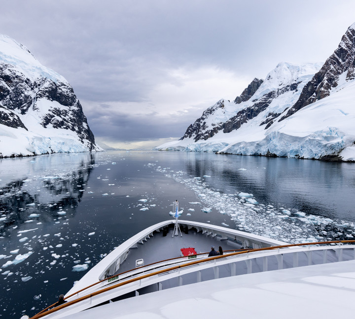 Ship cruising through Antarctica